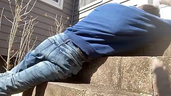 Mayofascial stretch of leg and side on cement steps Mayofascial stretch of leg and side on cement steps
