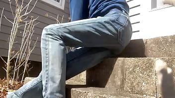 Mayofascial stretch of leg and side on cement steps