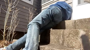 Mayofascial stretch of leg and side on cement steps Mayofascial stretch of leg and side on cement steps