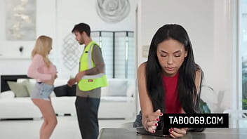 Stud fucks his girlfriend's stepmom while she watch them