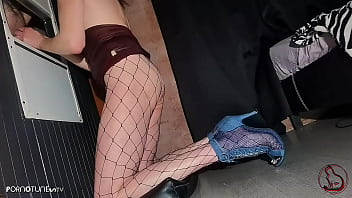 Sloppy behaviour with condom at gloryhole stranger cum on my pussy lips