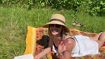 Wife in dress fucks husbands friend and gets public creampie in public field