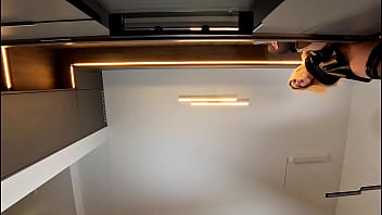 Hot and horny long legs blonde in black stockings shows her ass under leather skirt to tease and get attention