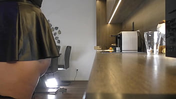 Hot and horny long legs blonde in black stockings shows her ass under leather skirt to tease and get attention