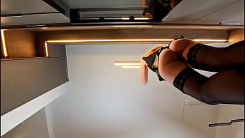 Hot and horny long legs blonde in black stockings shows her ass under leather skirt to tease and get attention