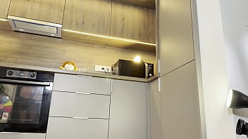 Hot and horny long legs blonde in black stockings shows her ass under leather skirt to tease and get attention