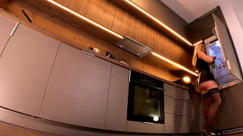 Hot and horny long legs blonde in black stockings shows her ass under leather skirt to tease and get attention