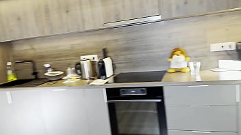 Hot and horny long legs blonde in black stockings shows her ass under leather skirt to tease and get attention