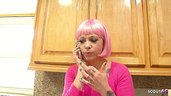 Crazy pink hair inked teen with small tits seduce his big black cock friend to interracial sex