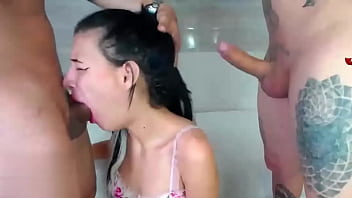 Jasmine gives blowjobs to two cocks and is very satisfied