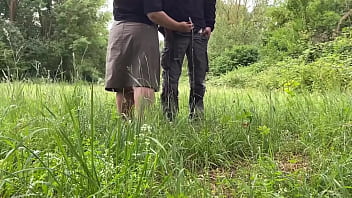 Mother in law shakes off the last drops of son in law's urine into her mouth and masturbates standing doggystyle