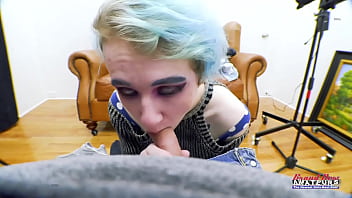 Blue haired coed raven masturbates and gets her pussy deeply fingered