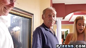 Blonde teen slut getting slammed hard by two older mates in a threesome