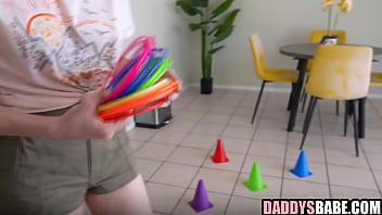 Step dad and step daughter camping indoors