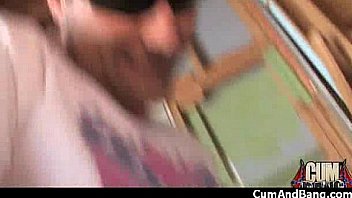 Black chick deepthroats a group of white studs and gets rewarded with cum 4