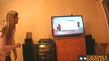 Petite chic strips and sucks cock