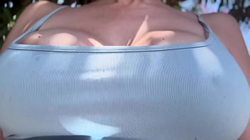 European stepmom public big boobs bouncing for a walk outdoor