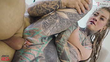 Fully tattooed girl gets all her holes pounded by a huge cock and gets cum in her anal gape double penetration