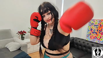 Chubby girl boxing training bouncing boobs