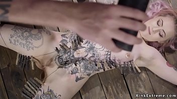 Alt Slave Hottie B Sid Standing With Spreaded Legs Between Metal Poles Chained And Pussy Lips Clamped And Weighted Then Zippered Gets Waxed thumbnail