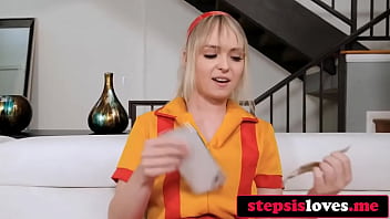 Watch her swap her uniform for stepbrother's cock