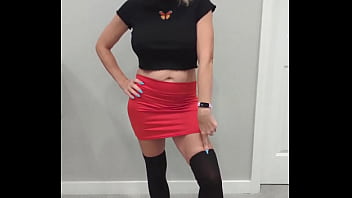 Black thigh high socks & red mini skirt