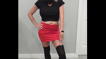 Black thigh high socks & red mini skirt