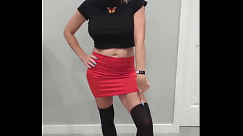 Black thigh high socks & red mini skirt
