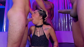 This venezuelan girl gets her throat fucked hard by 3 guys