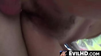 He fingers her hairy cunt fill and slaps her and spits in her face before shoving his big cock down her throat