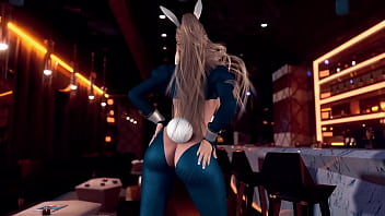 Naughty young saber dresses up in a rabbit costume and posing in nightclub