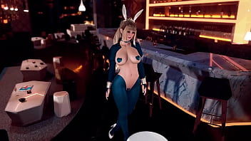 Naughty young saber dresses up in a rabbit costume and posing in nightclub