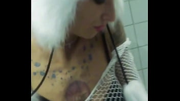 Vilja’s panda hat hides nothing as she fingers her dripping pussy fishnet stretched tight pulling out saggy tits while craving a hard dick