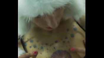 Vilja’s panda hat hides nothing as she fingers her dripping pussy fishnet stretched tight pulling out saggy tits while craving a hard dick