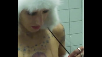 Vilja’s panda hat hides nothing as she fingers her dripping pussy fishnet stretched tight pulling out saggy tits while craving a hard dick