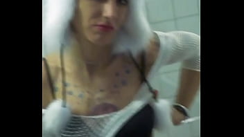 Vilja’s panda hat hides nothing as she fingers her dripping pussy fishnet stretched tight pulling out saggy tits while craving a hard dick