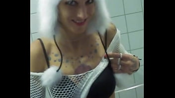 Vilja’s panda hat hides nothing as she fingers her dripping pussy fishnet stretched tight pulling out saggy tits while craving a hard dick