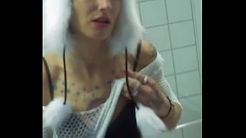 Vilja’s panda hat hides nothing as she fingers her dripping pussy fishnet stretched tight pulling out saggy tits while craving a hard dick