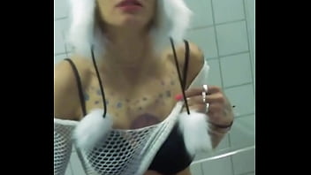 Vilja’s panda hat hides nothing as she fingers her dripping pussy fishnet stretched tight pulling out saggy tits while craving a hard dick