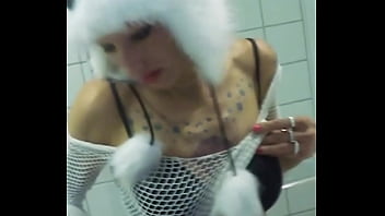 Vilja’s panda hat hides nothing as she fingers her dripping pussy fishnet stretched tight pulling out saggy tits while craving a hard dick