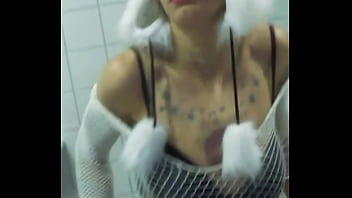 Vilja’s panda hat hides nothing as she fingers her dripping pussy fishnet stretched tight pulling out saggy tits while craving a hard dick