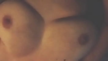 Pumping cum on huge natural tits