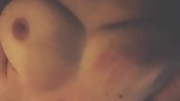 Pumping cum on huge natural tits