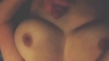 Pumping cum on huge natural tits