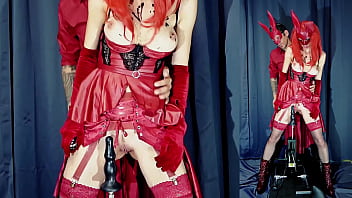 Rough orgasm control in red latex costume