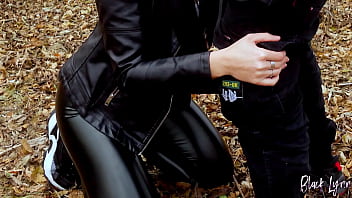 Long haired brunette teen in leather leggins was facefucked outdoors