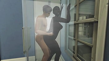 Interracial couple in shower