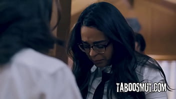 Cute brunette teen tricked into threesome by bff and her stepbrother