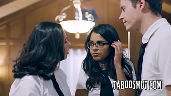 Cute brunette teen tricked into threesome by bff and her stepbrother