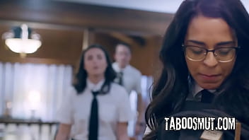 Cute brunette teen tricked into threesome by bff and her stepbrother